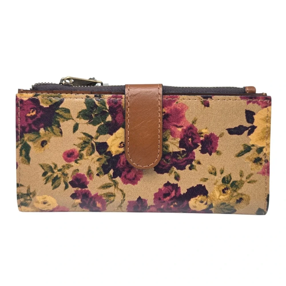 Patricia Nash Nazari Antique Rose Floral Bifold Leather Wallet RFID Blocking